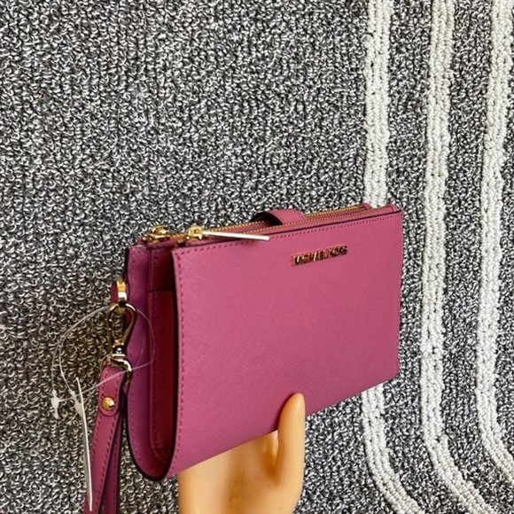 Michael Kors Jet Set Travel Large Double Zip Wristlet Wallet Rosewood Leather - Picture 2 of 16